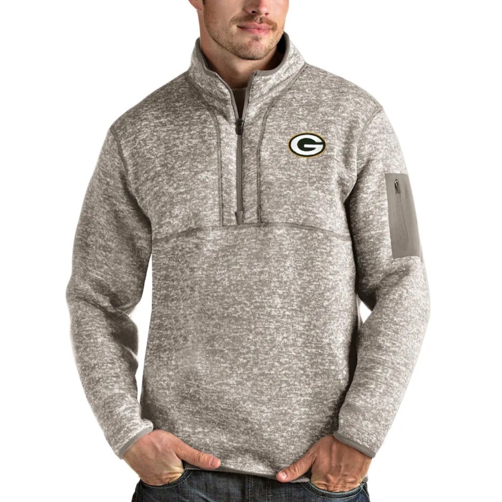 Men's Green Bay Packers Antigua Oatmeal Fortune Quarter-Zip Pullover Jacket